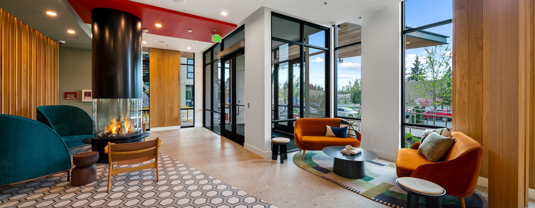 a living room with a large glass door